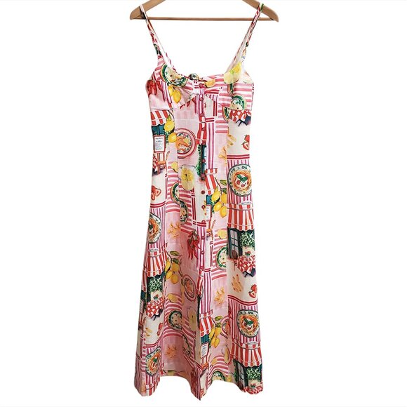 Zara Patchwork Linen Blend Midi Dress XS Open Back Trattoria Italy Pasta Lemon - Picture 6 of 16